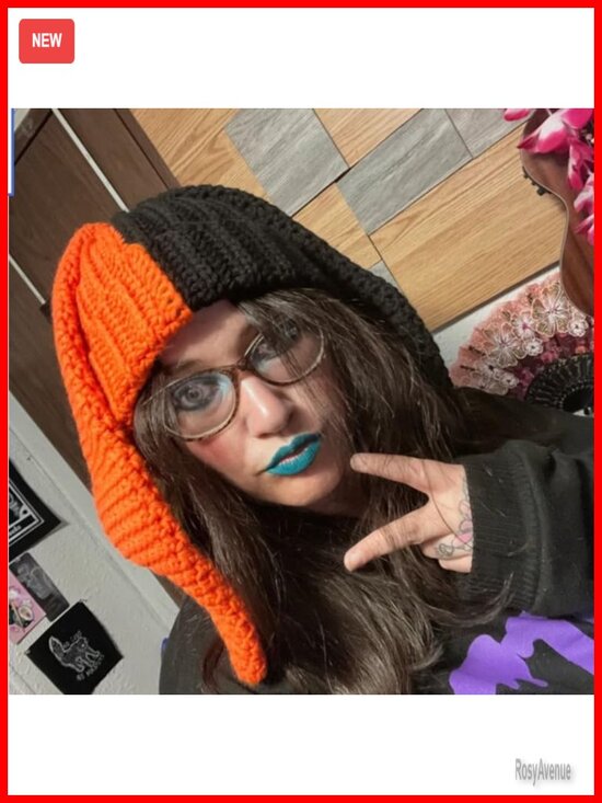 Color Block Knit Beanie Hat with Cute Bunny Long Ears Winter Cap